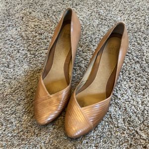 Tan high heels brand Frye “3 inch heels about